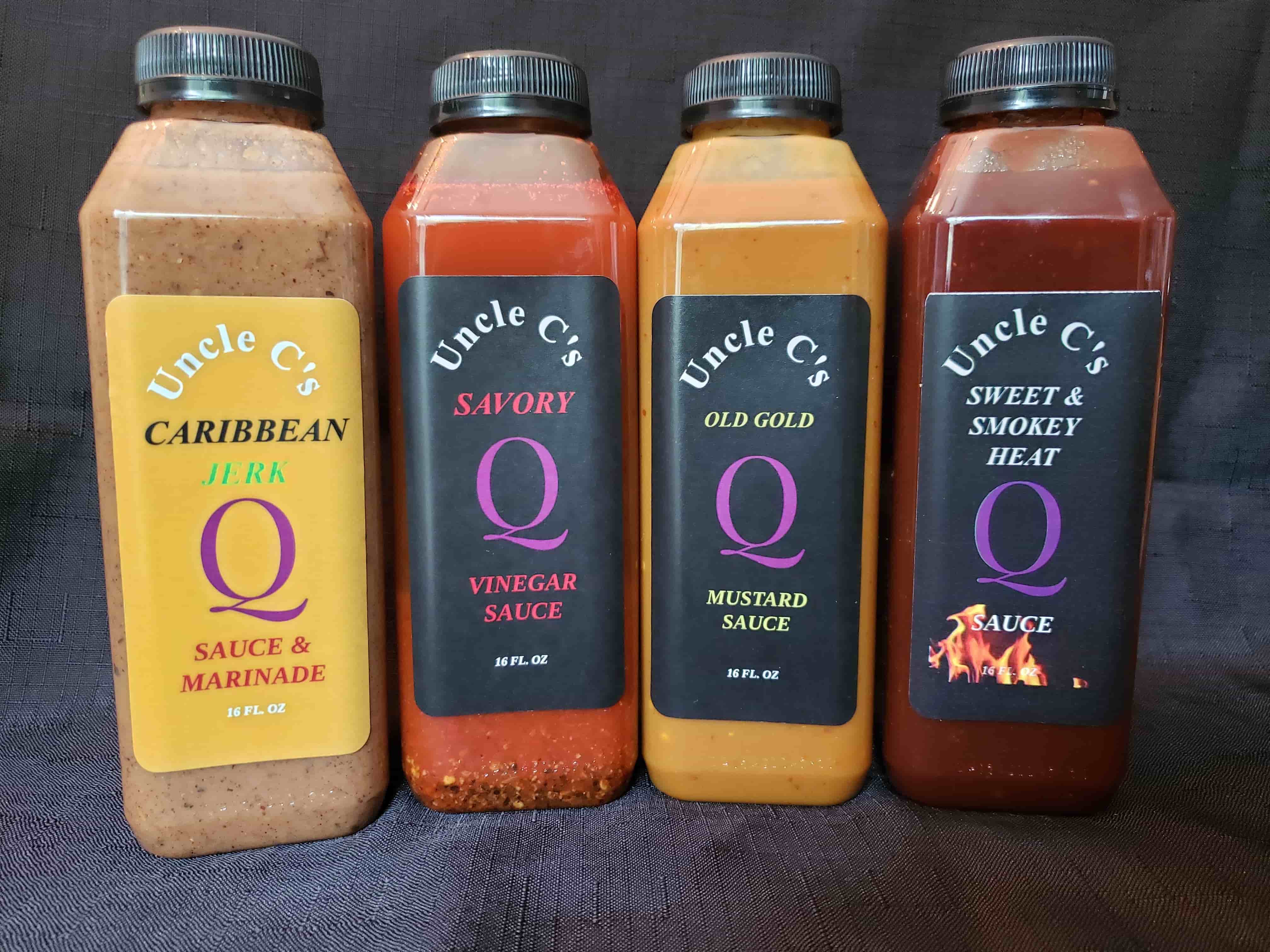 Picture of available sauces, including caribbean jerk, savory vinegar, old gold mustard, and sweet and smokey heat.